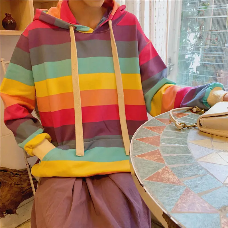 

Deeptown Rainbow Hoodies Women Autumn Fashion Striped Women Sweetshirts Korean Long Sleeve Loose Kawaii Hoodie Aesthetic Tops