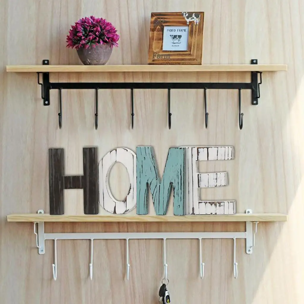 Rustic Wooden Block Home Sign, Cutout Letters Weathered Wood, Freestanding Alphabets for Decoration, Multicolored