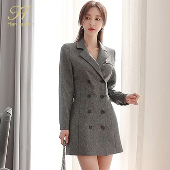 

H Han Queen Elegant Office Wear Pencil Dress Women Double-breasted Coats Sheath Dresses Business Work Bodycon Vestidos New 2020