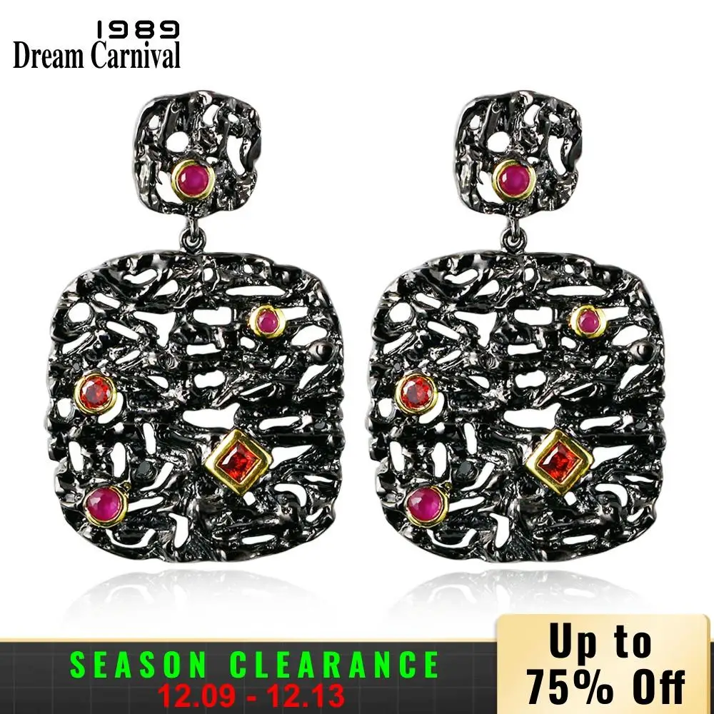 Dreamcarnival1989 New Arrive Women Luxury Unique Vintage Drop Earrings Black& Gold Contrast Siam Fuchsia Synthetic Cubic Zircon