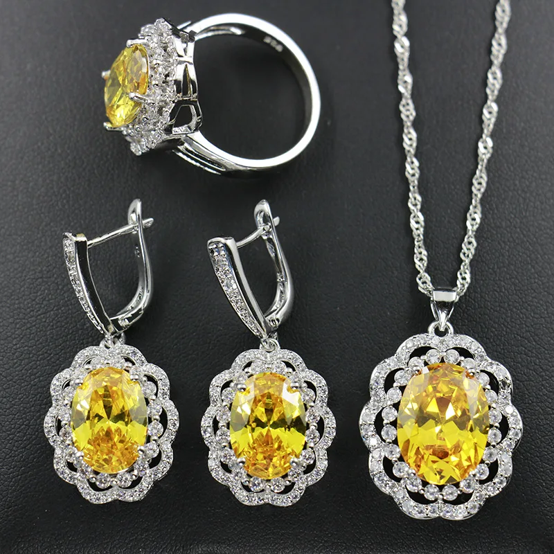 yellow Bague Ringen, цветок, серебро 925, ювелирные наборы для женщин, овальные драгоценные камни, цитрин, рубин, кольцо, серьги, ожерелье, костюм из трех частей, подарок - Цвет камня: yellow