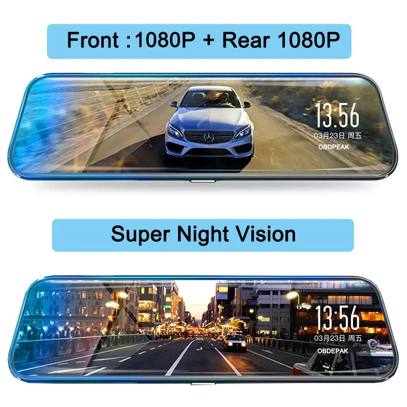 Car DVR 10 Inch Stream RearView Mirror Touch Screen Night Vision 1080P Dash Cam Camera Video Record