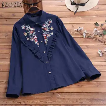 

2020 Spring Long Sleeve Shirts ZANZEA Women Embroidered Ruffle Blouse Fashion Denim Blue Tunic Tops Female Casual Blusas Chemise
