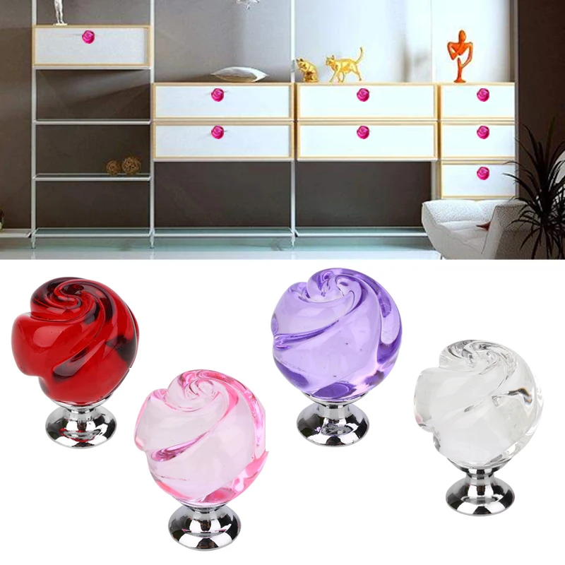 30MM Crystal Rose Door Knobs Cupboard Cabinet Handle Pull Home Kitchen Decor