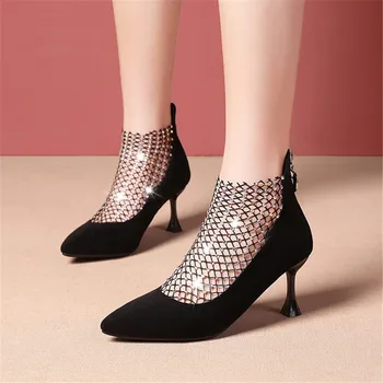 

2019 summer and autumn new rhinestones through the net high heels female brand designer pointed back zipper fashion with a singl
