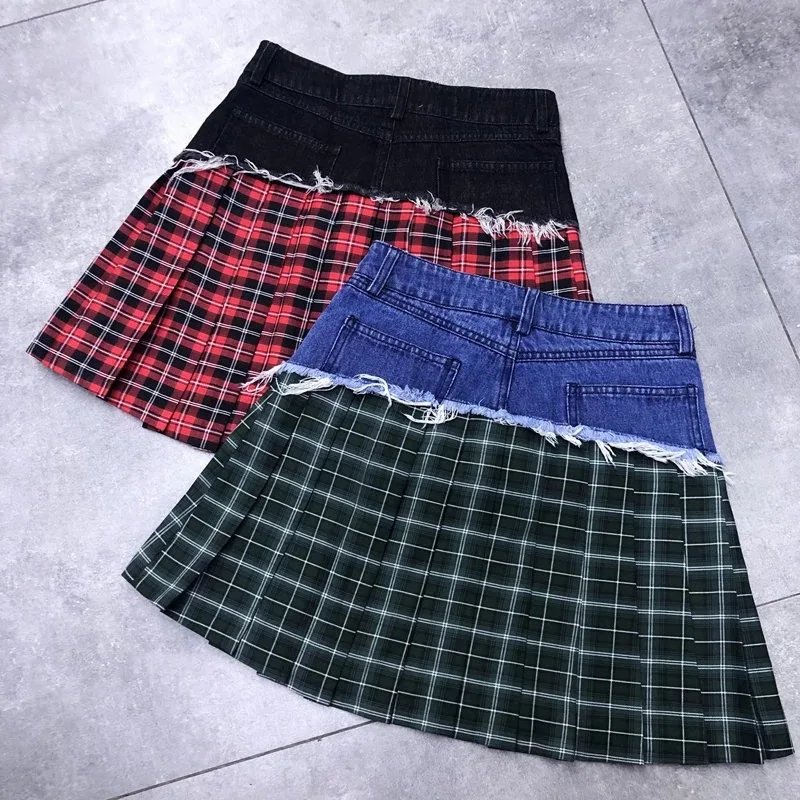 

Skirt Women's 2019 New Style Hipster College Style Plaid Flash Cowboy Joint Pleated Skirt Short Skirt