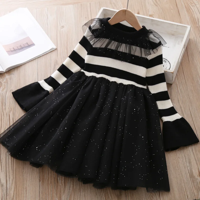 Owligbaby/платье в полоску с роговыми рукавами для девочек; коллекция года; Сезон Зима; вязаное Сетчатое платье принцессы