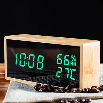 

Wooden Temperature Humidity Monitor Sound Control Snooze LED Digital Alarm Clock