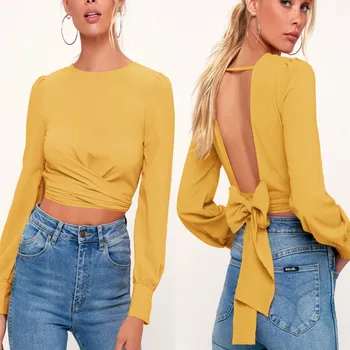 

Explosion models new women's wish hot long-sleeved halter short bow tie T-shirt