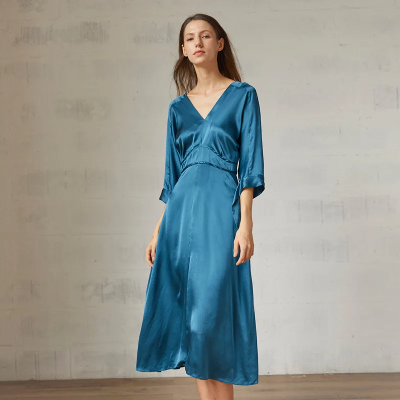 Blauw Zijden Jurken Vrouwen 2020 Zomer Lange Casual Kantoor Werk Strand Boho Party Dress Plus Size Fashion V-hals Slim dropship Blauw Zijden Jurken Vrouwen 2020 Zomer Lange Casual Kantoor Werk Strand Boho Party Dress Plus Size Fashion V-hals Slim dropship