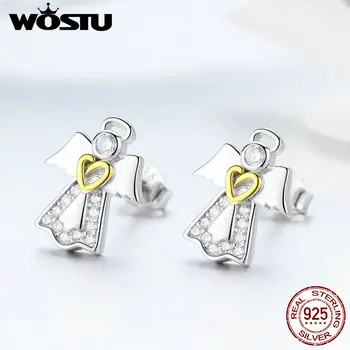 

WOSTU Genuine 100% 925 Sterling Silver Guardian Angel Stud Earrings For Women Birthday Classic Lucky Brand Jewelry Gift FIE476