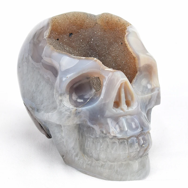 

Natural Agate Geode Hand Carved Quartz Crystal Skull Statue Reiki Healing Stone Skull Sculpture Home Decor Art Collection
