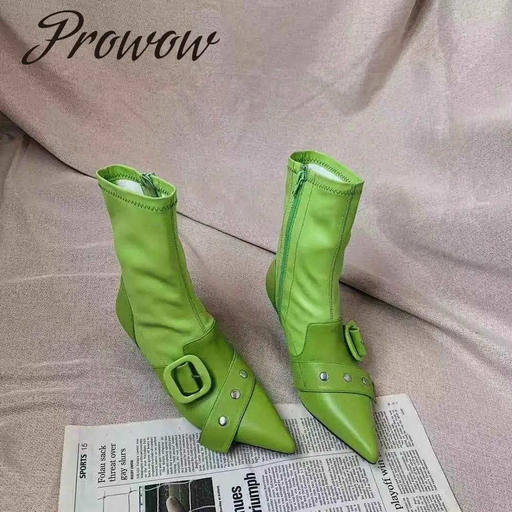 

Prowow New Genuine Leather Sexy Pointed Toe Ankle Boots Zip Side Buckle Strap Kitten Heel Low Heel Boots Shoes Women