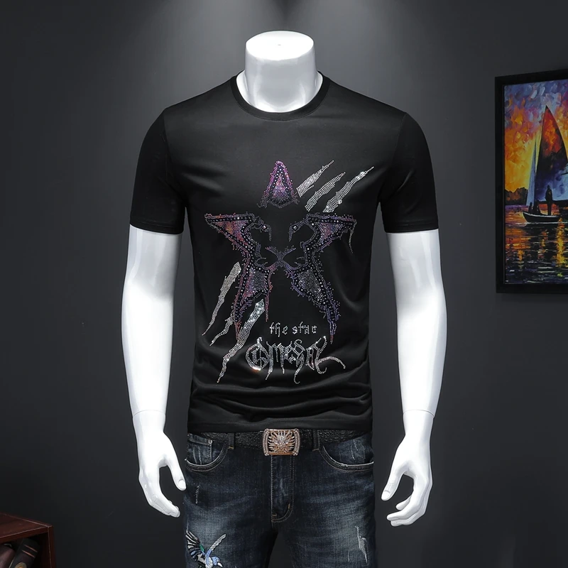 

Summer High Quality Man's T Shirt Silk Cotton Rhinestone Printing Men Short-sleeved T-shirts Fashion Casual Funny T Shirts Tops