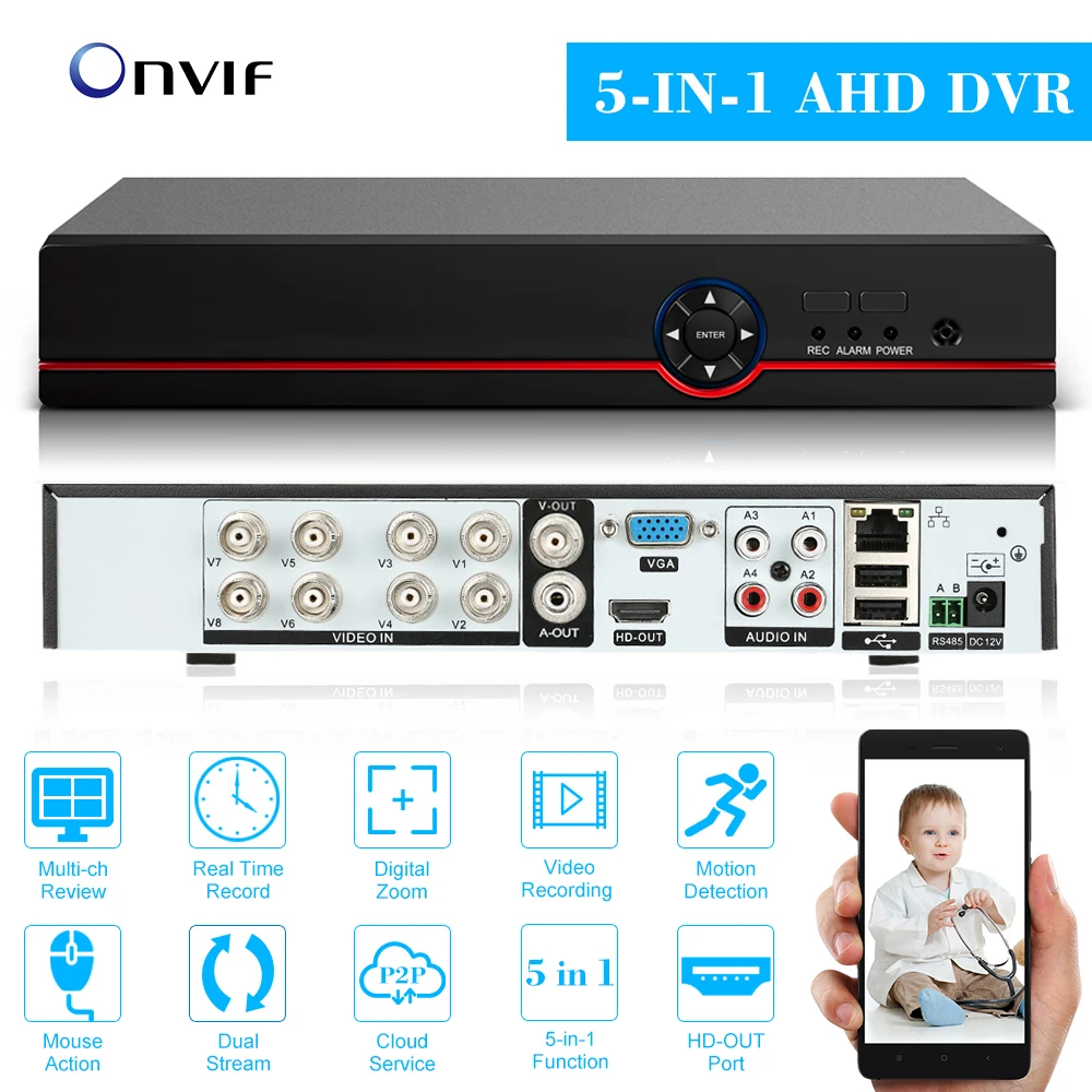 Аналоговая камера высокого разрешения CVI TVI NVR HVR 5-в-1 DVR 8CH 1080P видеомагнитофон ONVIF P2P подключением к телефону мониторинга для видеонаблюдения Системы комплект