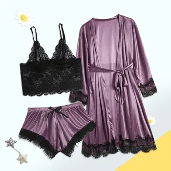 

Lace Robes Set Women Sexy Fashion Lingerie Nightwear Underwear Sleepwear Dress 3PC Suits Lace Solid High-Rise Boyshort Camis Set