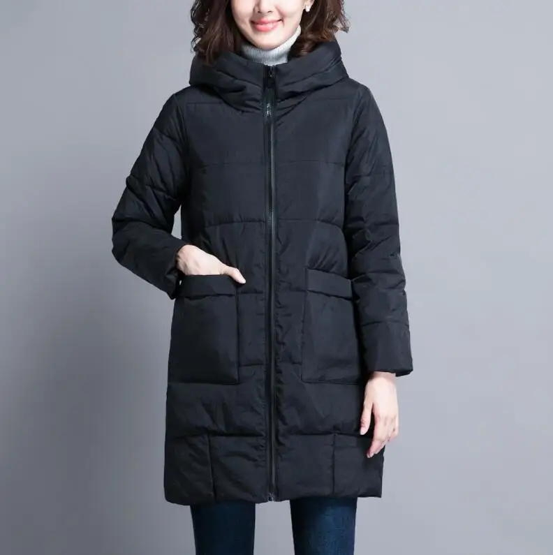 Tide Autumn And Winter Women Cotton New Slim Hooded Coats Casual Cotton Pockets Jacket Fashion Thicken Parkas Women - Цвет: Черный