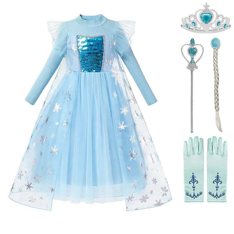Elsa Dress B Set 2 Зимнее платье Эльзы для девочек; костюмы принцессы с блестками и оборками; Новинка; одежда Снежной Королевы для костюмированной вечеринки; детские вязаные платья От 2 до 10 лет - Цвет: Elsa Dress B Set 2