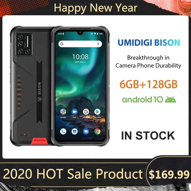 Umidigi bison smartphone android 10 nfc 6gb + 128gb ip68/ip69k impermeável robusto telefone 48mp matriz quad câmera 6.3 "fhd + display