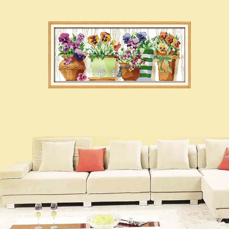Pottings Colourful Flowers Painting Counted Printed On Canvas DMC 11CT 14CT Chinese Cross Stitch Kits Embroidery Needlework Sets
