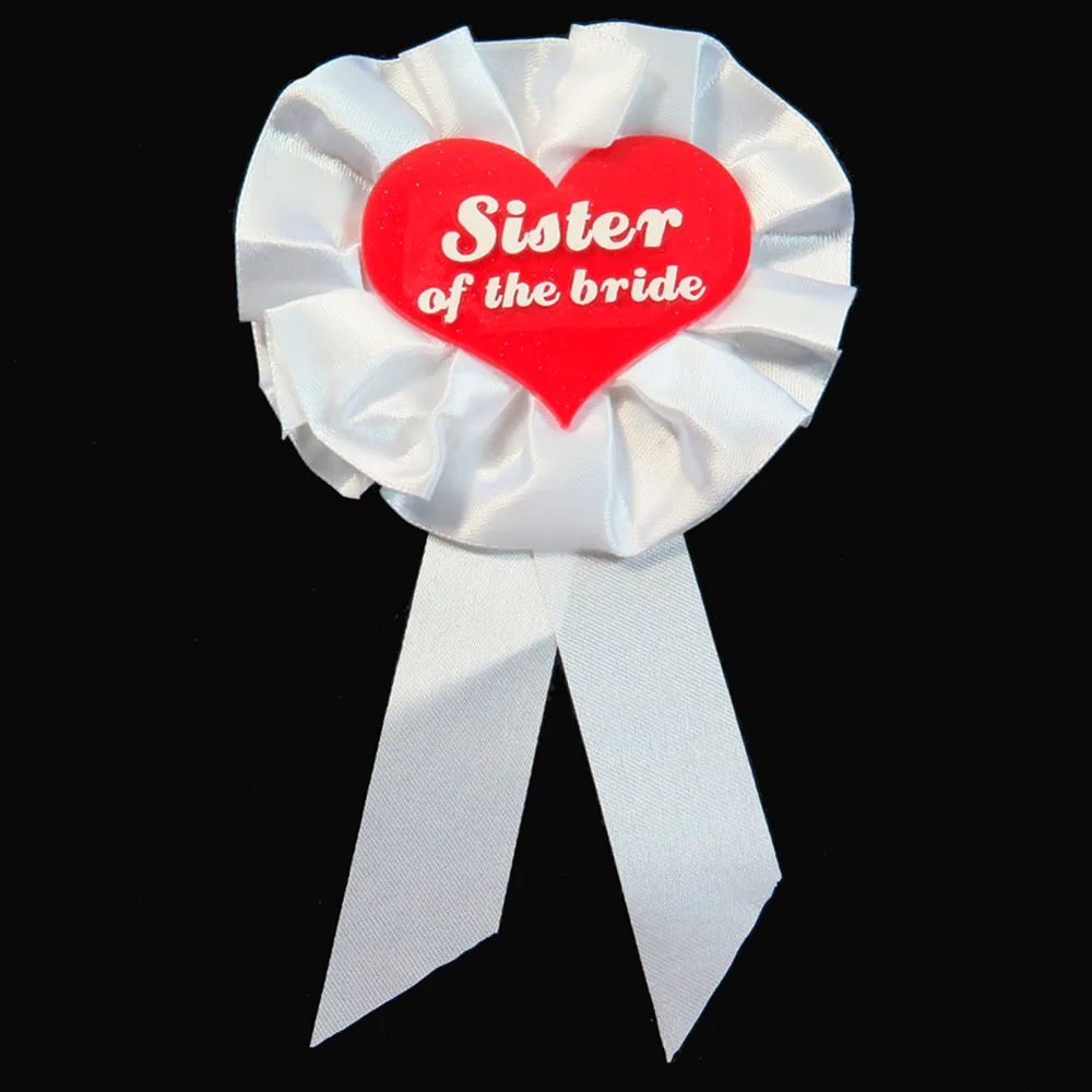 10pcs wholesale Red Glitter heart button White ribbon badge Baby shower bachelorette bride to be ribbon maid of honor brooch