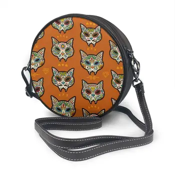 

OLN Mexican Day Of The Dead Cartoon Sugar Cat Skulls Round Crossbody Cell Phone Shoulder Bag Bags Daily Use For Women Wallet