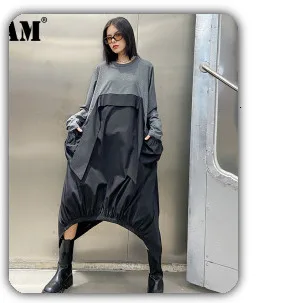 [EAM] High Elastic Waist Black Denim Split Harem Trousers New Loose Fit Pants Women Fashion Tide Spring Autumn 2020 1DA131