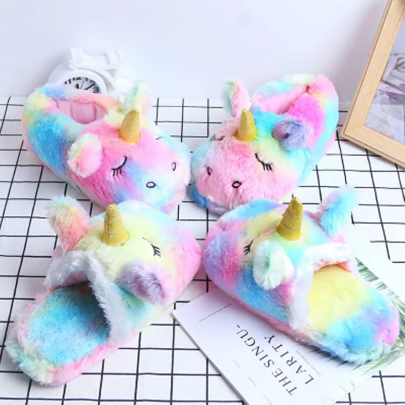 FAYUEKEY Cartoon Rainbow Unicorn Slippers Women Girls Winter Plush Warm Home Slippers Indoor Shoes Cotton Women Unicorn Shoes