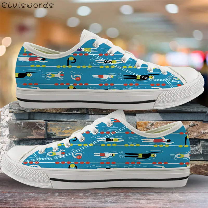 

ELVISWORDS Canvas Spring Summer Vulcanize Shoes Cartoon Swimming Print Lightweight Low Top Flats for Youth Girls Comfort Zapatos