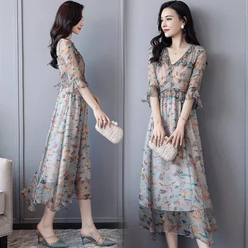 

Chiffon Dress Holiday Casual New Summer Women's Dress Popular V-neck Elegant Floral Dress