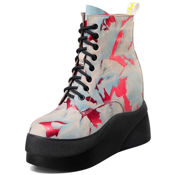 

SaraIris New Genuine Leather Printed Shoelace Platform Height Increasing Heels Ankle Boots Stylish Winter Shoes Boots Women