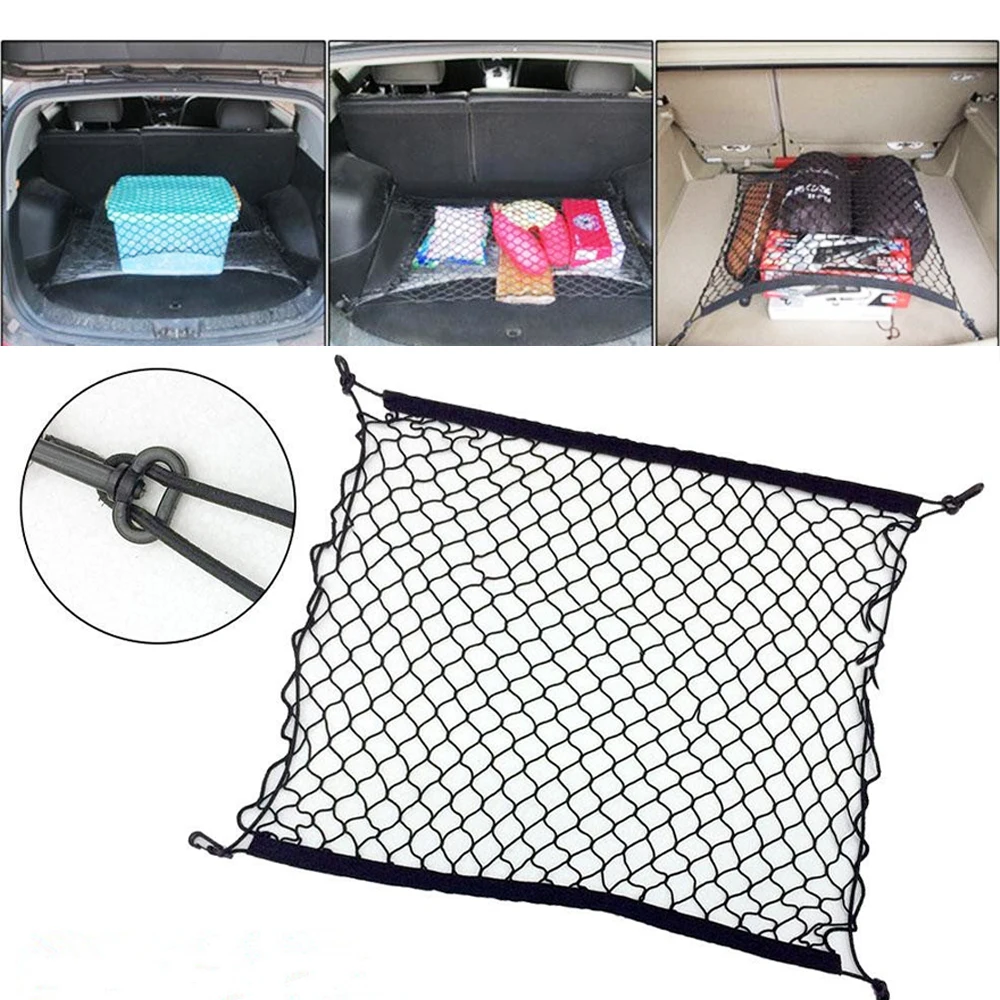 

70 X 70cm Universal Car Trunk Net Luggage Storage Cargo Organizer Nylon Stretchable Elastic Mesh Net with 4 Plastic Hooks
