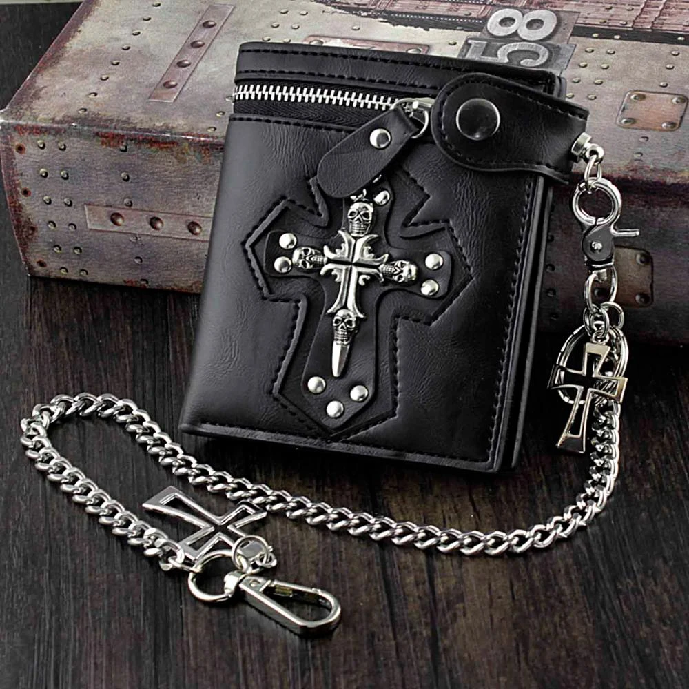 Norbinus cartera gótica de cuero con broche cruzado para hombre, monedero negro con cadena de motorista antigua, portatarjetas de calaveras Punk Carteras| - AliExpress