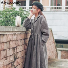 Японский Мори девушка осень зима Женское шерстяное пальто отложной воротник плед Плиссированное длинное пальто толстый теплый твид винтажная куртка