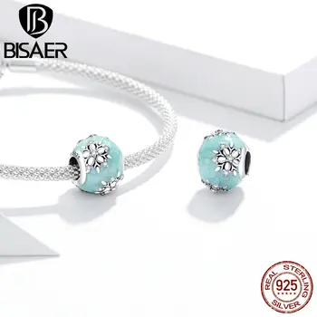 

BISAER Shiny Snowflakes Charms 925 Sterling Silver Blue Enamel Beads Pendant for Original Bracelets Necklaces Jewelry
