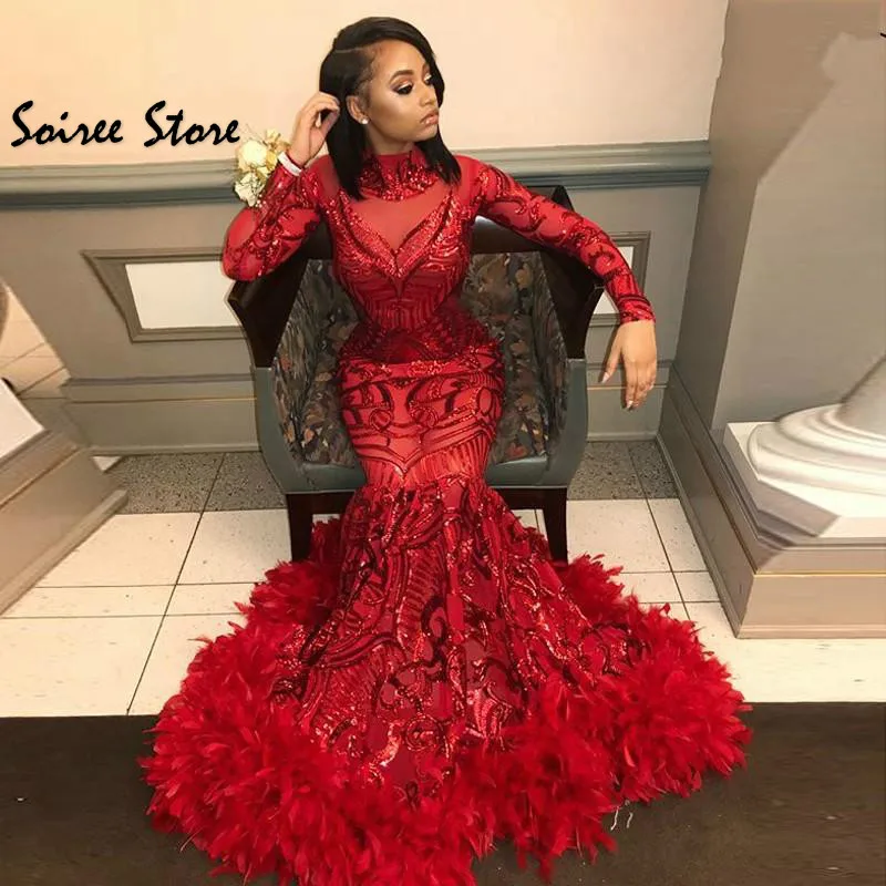 

Shiny Bling Red Mermaid African Prom Dresses With Feather High Neck Long Sleeve Muslim Prom Gowns Sequined Long Formal Evening