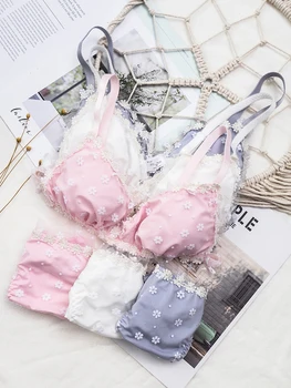 

HONVIEY Underwear Set Sweet no Steel Ring Student Cotton Triangle Cup Bra Set My melody brassiere Adjustable Gathered Lingerie
