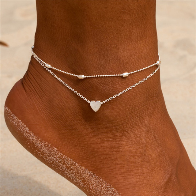 Female Anklets Simple Silver Color Heart Barefoot Crochet Sandals Foot Jewelry Two Layer Bracelet Anklets for Women
