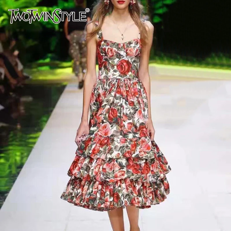 TWOTWINSTYLE Elegant Print Women Dress Square Collar Sleeveless Spaghetti Strap High Waist Ruched Hit Color Dresses Female Tide TWOTWINSTYLE Elegant Print Women Dress Square Collar Sleeveless Spaghetti Strap High Waist Ruched Hit Color Dresses Female Tide