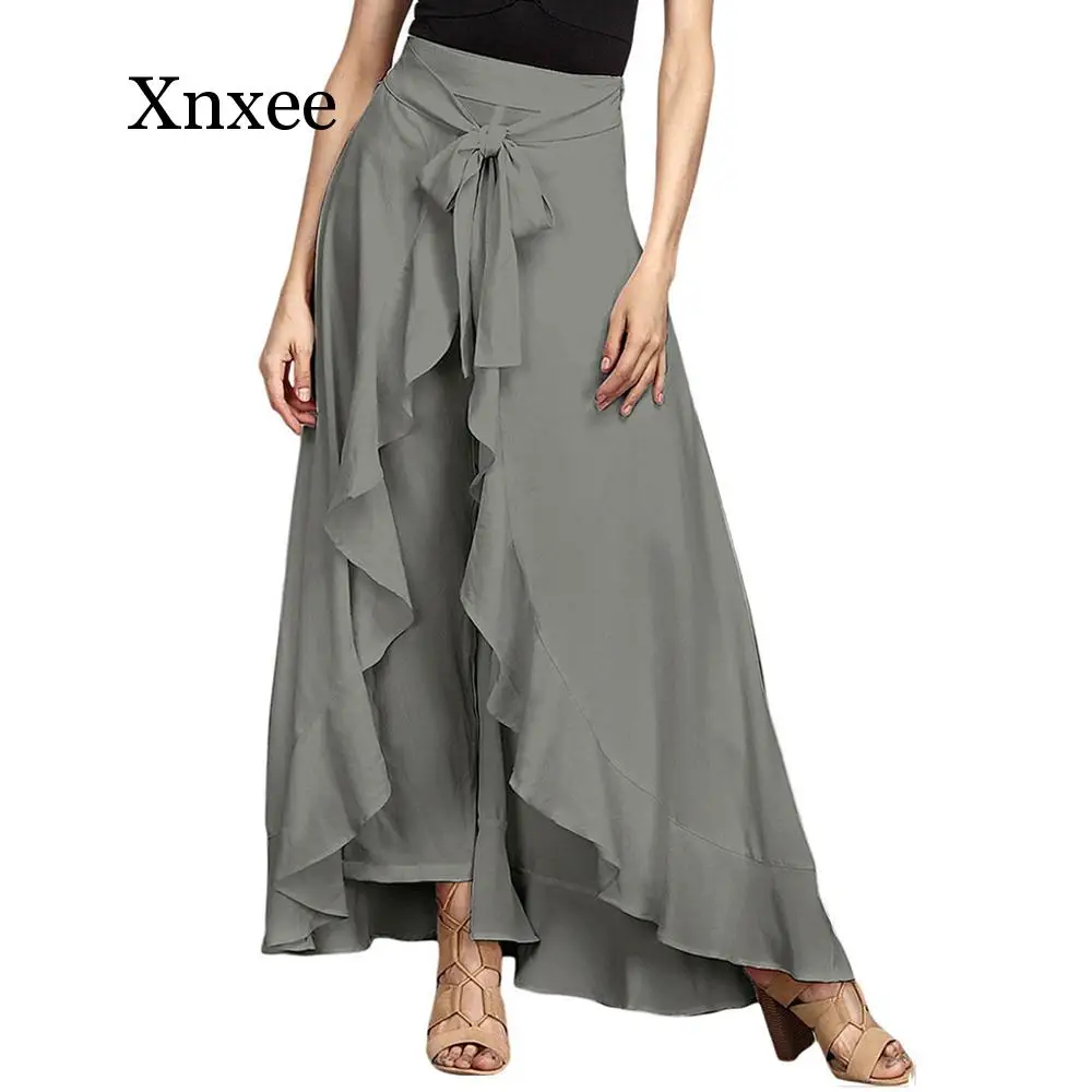 

OL Solid Women Pants Irregular Ruffled Pant High Waist Lace Up Trousers Female Casual Loose Wide Leg Pants S-3XL Gray Pants