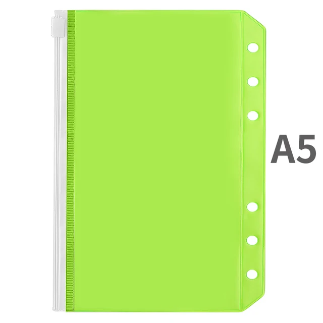 A5/A6 Binder Pockets PVC Binder Loose Leaf Bag Colorful Zipper Folders For 6-Ring Notebook Binder Pouch Document Filing Bags A5-Green