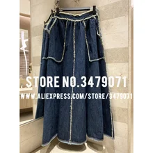Ранняя весна, высокое качество, женская джинсовая юбка с бахромой сбоку, большой карман, дизайн, повседневная, высокая талия, Потертая джинсовая юбка