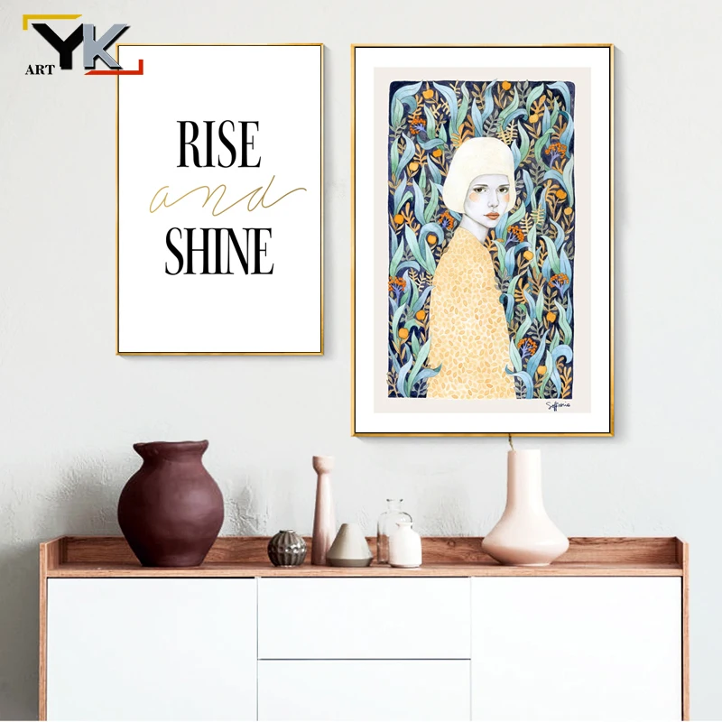 

Rise and Shine Nordic Flower Girl Posters Print Motivational Canvas Painting Cuadros Wall Art Picture for Living Room Home Decor