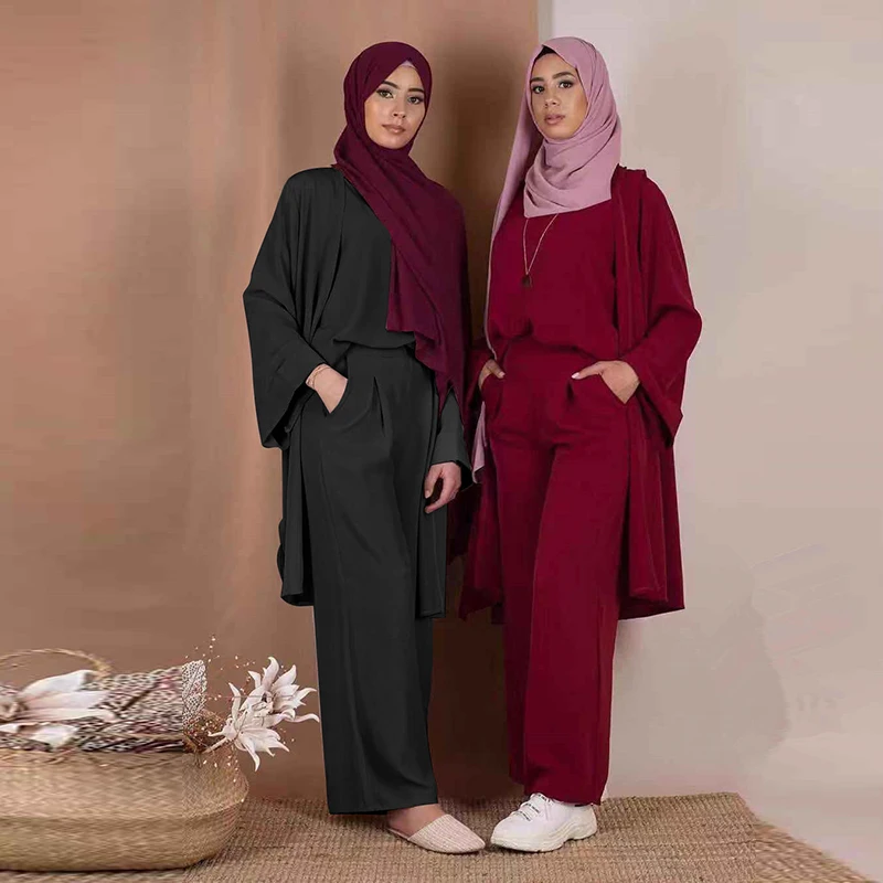 Three-piece Abaya Turkish Kimono Tops Pants Muslim Dress Abayas Hijab Robe Dubai Caftan Kaftan Islam Clothing For Women Djellaba