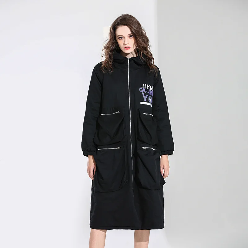 Модная осенняя и зимняя новая модная однотонная длинная одежда с капюшоном и буквенным принтом, Женская хлопковая одежда с хлопковой подкладкой PB735