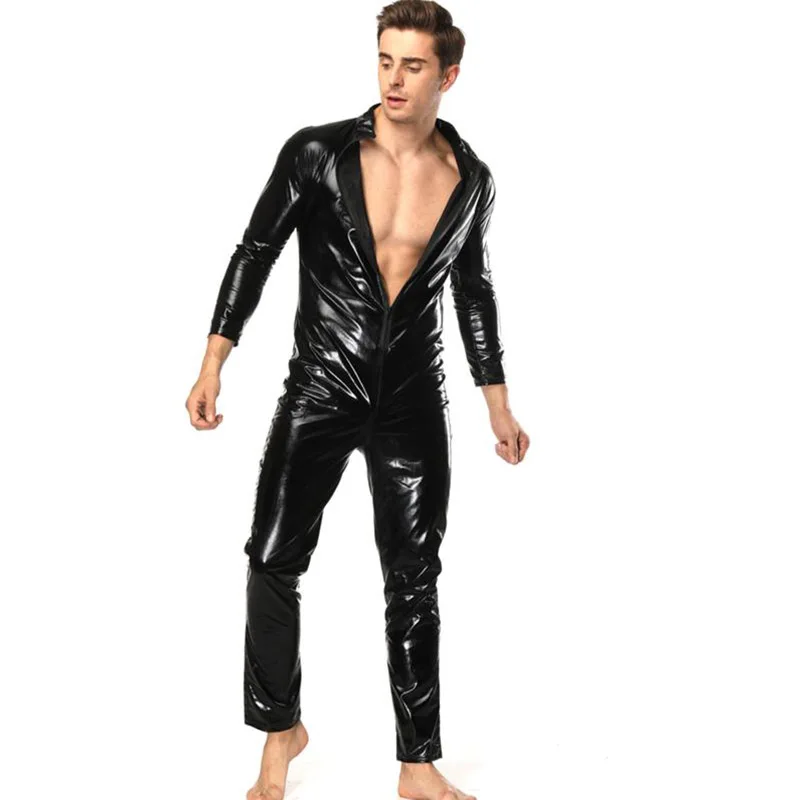 

Men Leather jumpsuits Elastic Open Crotch skinny Jumpsuit Long Nightclub Show Zipper Black Men rompers