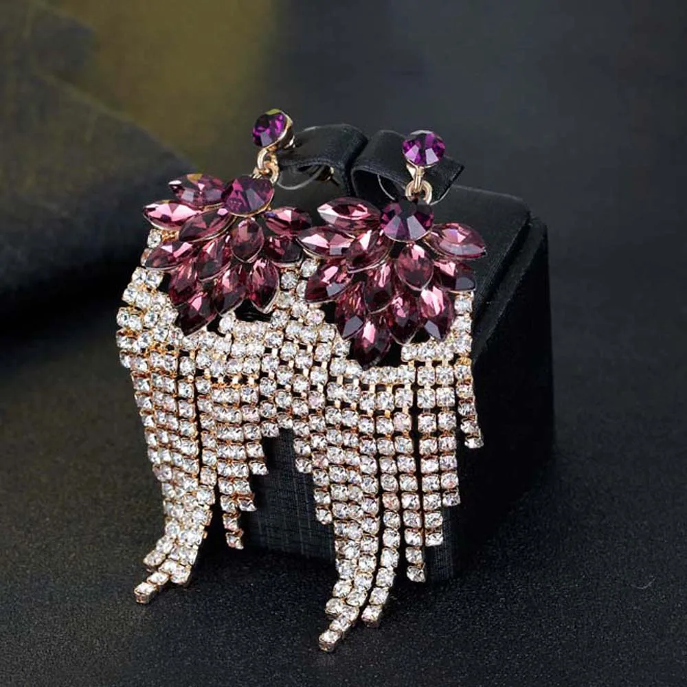 

European And American Fashion Exaggerated Shiny Rhinestone Charm Earrings Crystal Tassel Big Pendant Wedding Bride Earrings Gift