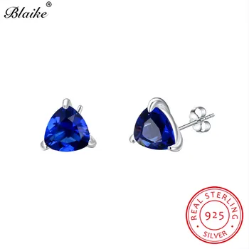 

925 Sterling Silver Earrings Geometric Triangle Stud Earrings For Women Small White Blue Sapphire Zircon Wedding Earring Jewelry