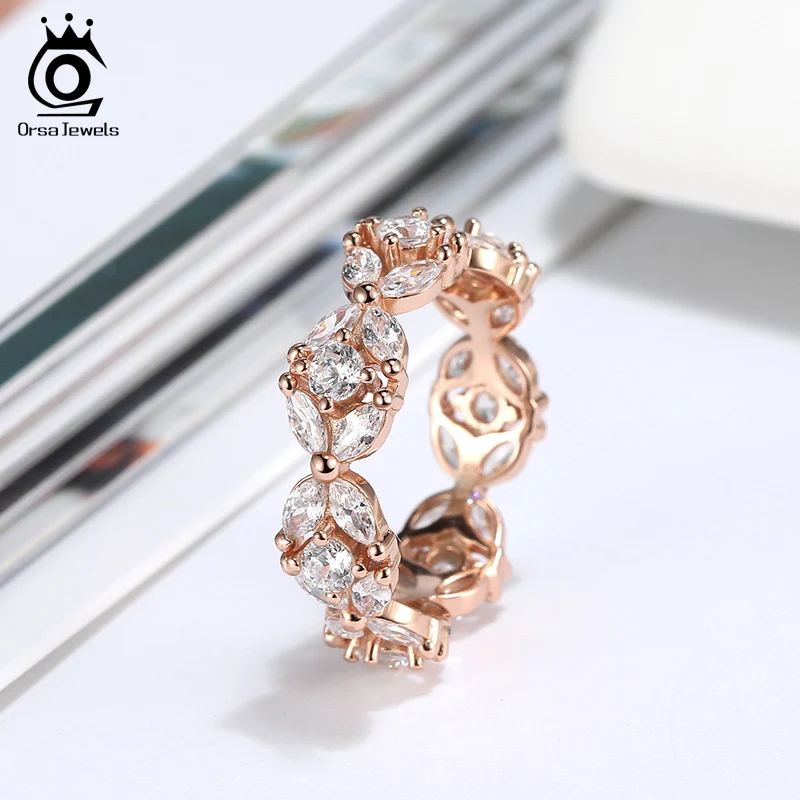 ORSA JEWELS Настоящее S925 женское кольцо на палец круглый полный высшего класса кубический цирконий чистое серебро кольцо волнистая форма ювелирные изделия SR190