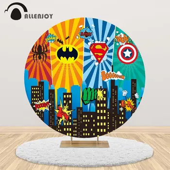 

Allenjoy Superhero Child Photography Round Backgrounds Colorful Cityscape Baaam Banc Stripe Circle Table Cover Photobooth Banner
